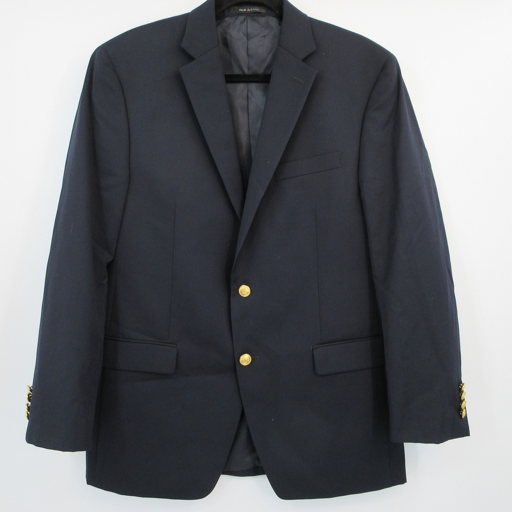 Lauren Ralph Lauren Mens Navy Blue Wool Blend Gold Crest Button Blazer 40R